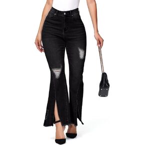 Women's Ripped Jeans High Waisted Hip Lift Flared Jeans Stretchy Wide Leg Destroyed Denim Split Hem Pants