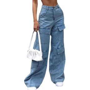 AULKEEP Womens Wide Leg Bell-Bottomed Pants Loose Baggy Denim Pants Multi-Pocket High Waist Blue Jeans