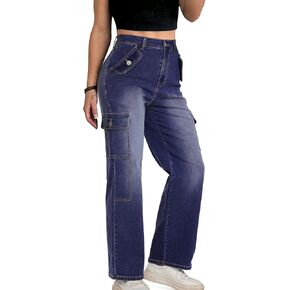 Cargo Jeans for Women High Waisted Casual Wide Leg Jeans Baggy Stretchy Y2K Streetwear with 6 Pockets