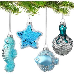 4 Pack Christmas Glass Blown Ornaments Tree Decorations Sea Animals Hanging Decor Octopus Seahorse Tropical Fish Starfish Xmas Ornament for Ocean Themed Holiday Party Decor, White,silver
