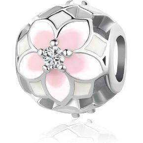 Women Pink Flower Charm for Bracelets Magnolia Floral Clear CZ Silver Bead Forever Silver for Wife Mom Sisters Daughters Granddaughters Birthday Anniversary
