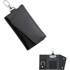 FuninCrea Key Case, Leather Car Key Holder for Men Women, Key Pouch with Metal Hook Keyring, Snap Closure Key Bag