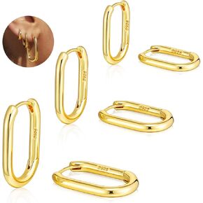 3 Pair Dainty Small 925 Sterling Sliver Huggie Earrings Sterling Sliver Hoop Set Hypoallergenic Rectangle Huggie Hoops Pack for Women Thick Paperclip Earrings Sets Jewelry Gifts