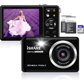 Digital Camera for Photography, Rechargeable 30MP 1080P Point and Shoot Camera with 2.8" LCD 18X Digital Zoom for Kids Teens Elders(32GB Card & 2*Battery)
