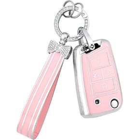 PIFOOG Key Fob Cover for Volkswagen VW Tiguan Jetta Golf GTI Altas S Pink 4 Button Car Keys Case Shell Full Covers Accessories Bling Keychain Protector Girly Women TPU