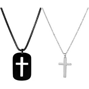 Cross Necklace For Couples Silver Black Stainless Steel Pendant Box Chain Goth Cool Big 2 Pack Couples Cross Necklace Matching Set For Him And Her Bf And Gf Best Friends Family