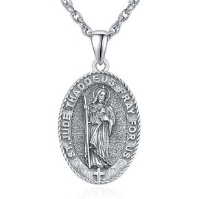 TANGPOET Saint Jude Necklace for Men 925 Oxidized Sterling Silver Oval St Jude Medal San Judas Medalla Amulet Protection Jewelry Gift with 22"+2" Chain