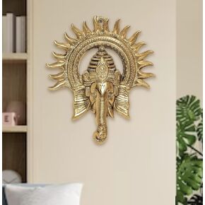 Metal Lord Ganesha Face with Sun Rays-Wall Decor for Indoor & Enterence, Ganpati Ji Wall Hanging for Divinity-Gift Figurine/Showpiece-Beautiful Sculpture Feng Shui for Luck – Golden
