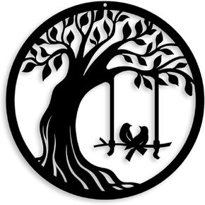 Black Metal Wall Art for Living Room, Birds on The Swing Under Tree Silhouette Wall Art Decor Bedroom Garden Office Home Wall Housewarming Party Decor, 11.8x11.8 Inches