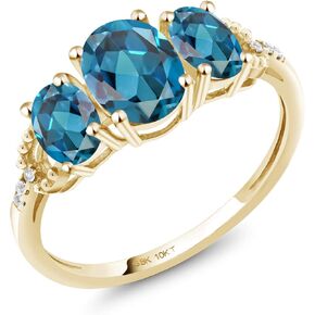 Gem Stone King 10K Yellow Gold London Blue Topaz and Diamond Accent Engagement Ring | 2.22 Cttw | 3 Stone Wedding Anniversary Promise Ring For Women | Available In Size 5, 6, 7, 8, 9