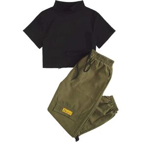 Floerns Women's 2 Piece Mock Neck Short Sleeve and Drawstring Cargo Pant Sets