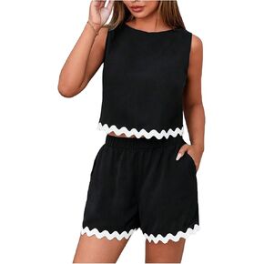 MakeMeChic Women's Summer Two Piece Outfits Colorblock Scallop Trim Sleeveless Tank Top and Wide Leg Shorts Sets