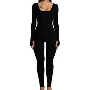 HOPYOP Sexy Long Sleeve Jumpsuit for Women, One Piece Ribbed Workout Rompers