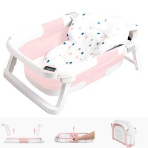 Collapsible Baby Bathtub,Baby Bath Tub with Soft Cushion & Thermometer,Baby Bathtub Newborn to Toddler 0-36 Months,Portable Travel Baby Tub (Dark Pink)