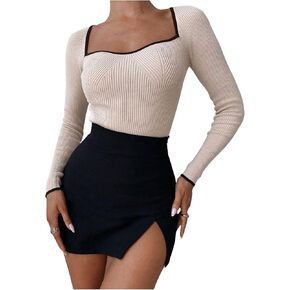 Floerns Women's Contrast Binding Sweetheart Neck Knit Pullover Tops Long Sleeve Sweater