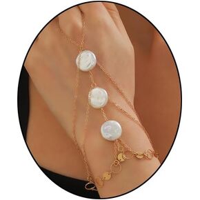 Pearl Finger Ring Bracelet for Women Bohemia Hand Chain Beaded Finger Chain Bracelets Gold Chain Tassel Pearl Bracelet Slave Finger Ring Hand Harness Dainty Jewelry Gifts
