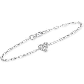 RS Pure by Ross-Simons 0.10 ct. t.w. Pave Diamond Heart Paper Clip Link Bracelet in Sterling Silver. 7 inches