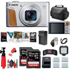 Canon PowerShot SX740 HS Digital Camera (Black) (2955C001) + 2 x 64GB Memory Card + 3 x NB13L Battery + Corel Photo Software + Charger + Card Reader + LED Light + Soft Bag + More (Renewed)