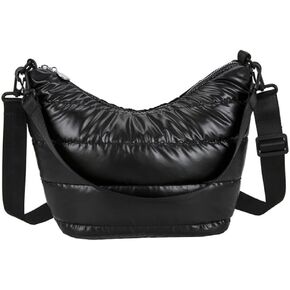 Metallic Puffy Crossbody Quilted Shoulder Bag for Women Metallic Puffer Purse Large Capacity Tote Bag with Adjustable Nylon Strap (Black)