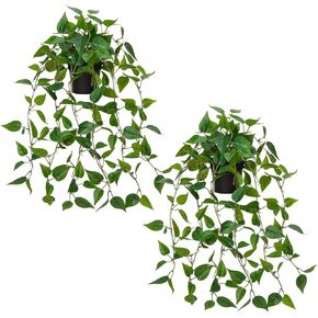 2 Pack Fake Hanging Plants for Shelf in Back Pot, Small Artificial Hanging Ivy Vine Plants Indoor Fake Potted Greenery Plant for Room Bathroom Kitchen Wall End Table Mimi Faux Pothos Plant Set Decor