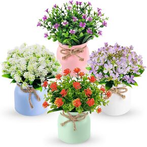 Der Rose 4 Pack Fake Plants Small Artificial Faux Flowers Plants in Plastic Macaron Pot for Home Bathroom Office Desk Accessories Wedding Decor Indoor