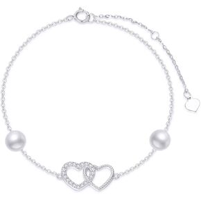 SISGEM 10k White Gold Double Heart Bracelet for Women, Real 14 kt Gold Created Moissanite and Pearl Love Jewelry Bracelets for Her, 6.8" 8.4"