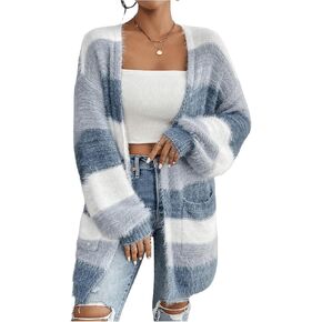 GORGLITTER Women's Colorblock Open Front Fuzzy Cardigan Long Sleeve Knit Coat with Pockets