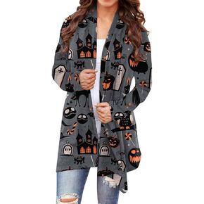 Women's Halloween Cardigan Pumpkin Cat Long Sleeve Open Front Knitted Sweater Outwear Coat Tops Knitting Clothes