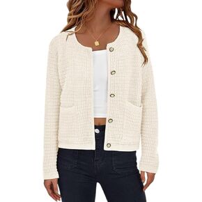 Esmeling Women’s Crew Neck Button Knit Cardigan Sweaters Long Sleeve Fall Lightweight Cardigans Outerwear with Pockets