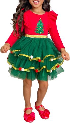 Girls Holiday Christmas Tutu Dress Santa Princess Long Sleeve Tiered Tulle Dress for Xmas Party 2-10 Years (Christmas Tree, 7 Years) in Saudi Arabia