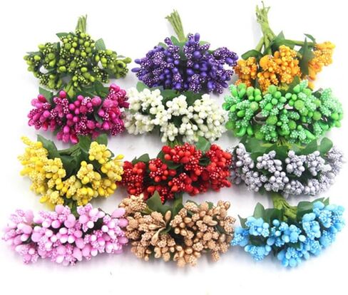 144pcs Artificial Mini Flower Stamen Pistil and Soft Stem,20mm Tiny Berry for DIY Wedding Make Bridal Hair Clips,Cake Top,Wrist Corsage Boutonniere,Candle Rings Wreath Bracelet Flower (Multicolor) in Saudi Arabia