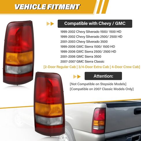 Tail Light Assembly Compatible with Chevy 1999 2000 2001 2002 Silverado | 1999-2006 GMC Sierra, Factory-Style Brake Rear Lamps for 15198453, 15198460, Red+Amber+White Lens, Red Edge in Saudi Arabia