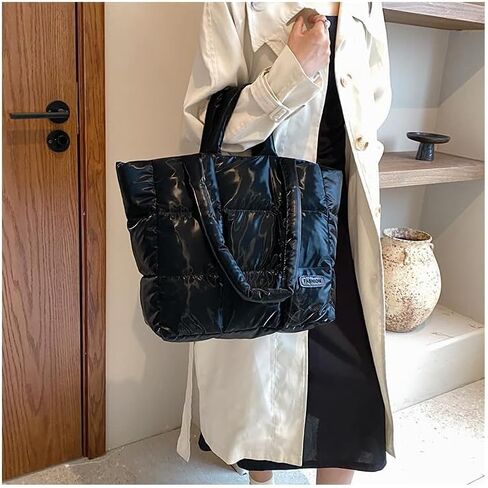 Small Puffer Tote Bag Quilted Shoulder Bags for Women Puffy Purse Nylon Shoulder Handbag Black in Saudi Arabia