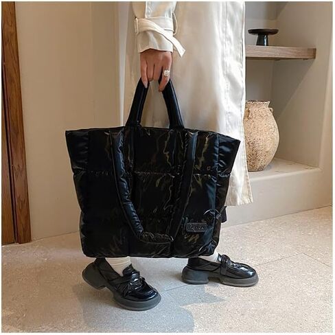 Small Puffer Tote Bag Quilted Shoulder Bags for Women Puffy Purse Nylon Shoulder Handbag Black in Saudi Arabia