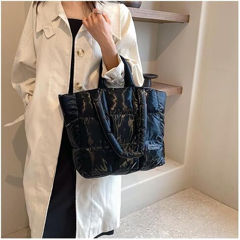 Small Puffer Tote Bag Quilted Shoulder Bags for Women Puffy Purse Nylon Shoulder Handbag Black in Saudi Arabia