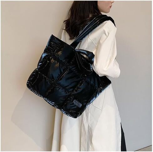 Small Puffer Tote Bag Quilted Shoulder Bags for Women Puffy Purse Nylon Shoulder Handbag Black in Saudi Arabia