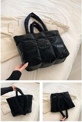 Small Puffer Tote Bag Quilted Shoulder Bags for Women Puffy Purse Nylon Shoulder Handbag Black in Saudi Arabia