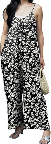 KMAZN Womens Casual Loose Floral Bohemian Summer Jumpsuits Plus Size Beach Rompers One Piece Outfits with Pockets in Kuwait