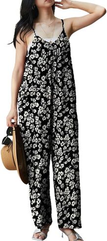 KMAZN Womens Casual Loose Floral Bohemian Summer Jumpsuits Plus Size Beach Rompers One Piece Outfits with Pockets in Kuwait