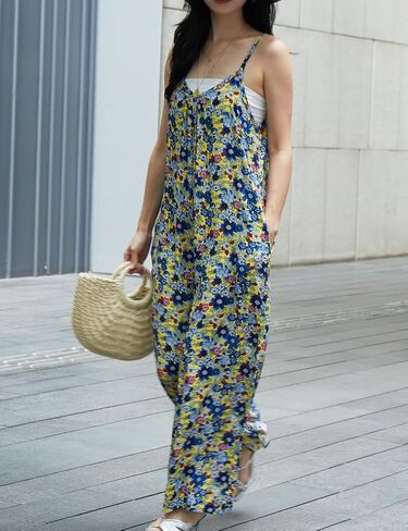 KMAZN Womens Casual Loose Floral Bohemian Summer Jumpsuits Plus Size Beach Rompers One Piece Outfits with Pockets in Kuwait