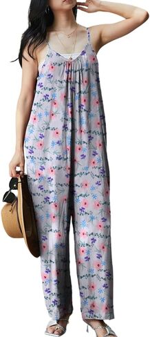KMAZN Womens Casual Loose Floral Bohemian Summer Jumpsuits Plus Size Beach Rompers One Piece Outfits with Pockets in Kuwait