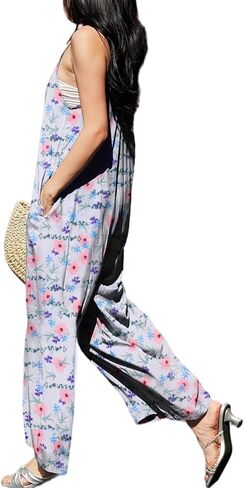 KMAZN Womens Casual Loose Floral Bohemian Summer Jumpsuits Plus Size Beach Rompers One Piece Outfits with Pockets in Kuwait