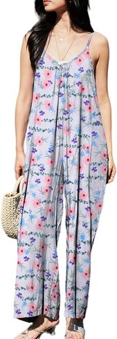 KMAZN Womens Casual Loose Floral Bohemian Summer Jumpsuits Plus Size Beach Rompers One Piece Outfits with Pockets in Kuwait