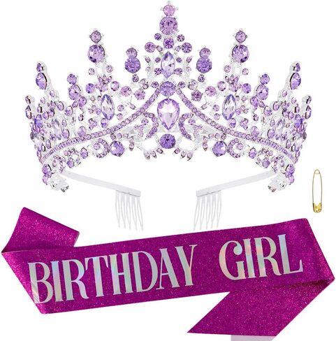 Birthday Girl Sash Tiara Queen Crown Tiaras and Crowns for Women Girls Multicolor Crystal Princess Tiara Rhinestone Headbands Quinceanera Crown Happy Birthday Decorations Accessories for Wedding Bride Bridal Cosplay Prom Halloween Party Supplies in Kuwait