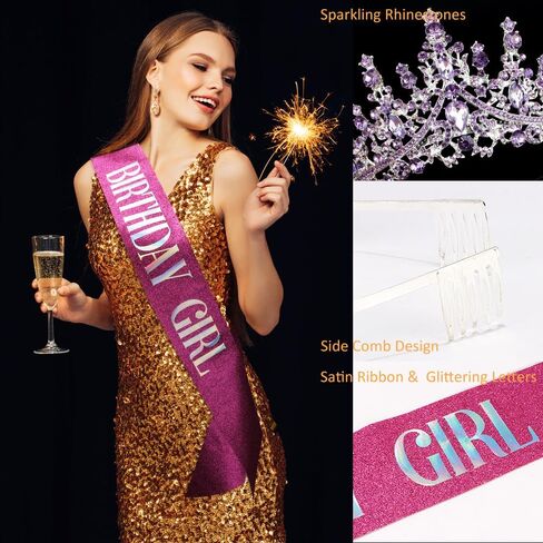 Birthday Girl Sash Tiara Queen Crown Tiaras and Crowns for Women Girls Multicolor Crystal Princess Tiara Rhinestone Headbands Quinceanera Crown Happy Birthday Decorations Accessories for Wedding Bride Bridal Cosplay Prom Halloween Party Supplies in Kuwait