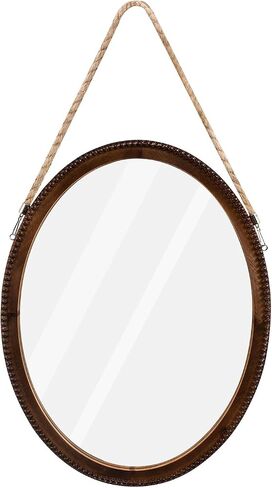 OKSQW 20 Inch Oval Wall Mirror Wooden Bead Frame Art Decorative Rustic Farmhouse Wooden Mirror Hanging Mirror with Rope for Entryway Bedroom Living Room Bathroom in Saudi Arabia