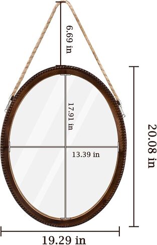 OKSQW 20 Inch Oval Wall Mirror Wooden Bead Frame Art Decorative Rustic Farmhouse Wooden Mirror Hanging Mirror with Rope for Entryway Bedroom Living Room Bathroom in Saudi Arabia