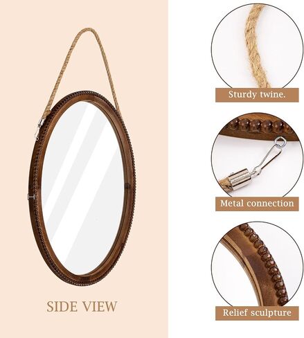 OKSQW 20 Inch Oval Wall Mirror Wooden Bead Frame Art Decorative Rustic Farmhouse Wooden Mirror Hanging Mirror with Rope for Entryway Bedroom Living Room Bathroom in Saudi Arabia