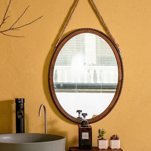 OKSQW 20 Inch Oval Wall Mirror Wooden Bead Frame Art Decorative Rustic Farmhouse Wooden Mirror Hanging Mirror with Rope for Entryway Bedroom Living Room Bathroom in Saudi Arabia
