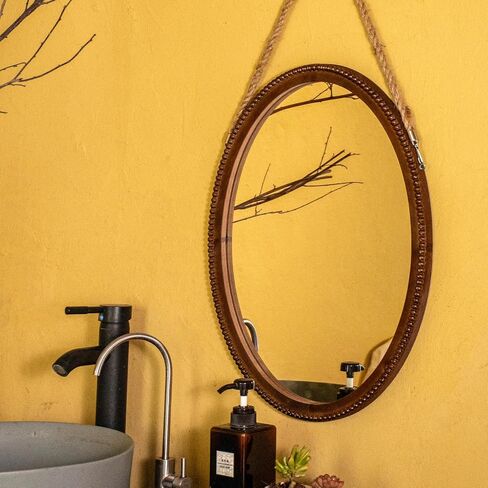 OKSQW 20 Inch Oval Wall Mirror Wooden Bead Frame Art Decorative Rustic Farmhouse Wooden Mirror Hanging Mirror with Rope for Entryway Bedroom Living Room Bathroom in Saudi Arabia
